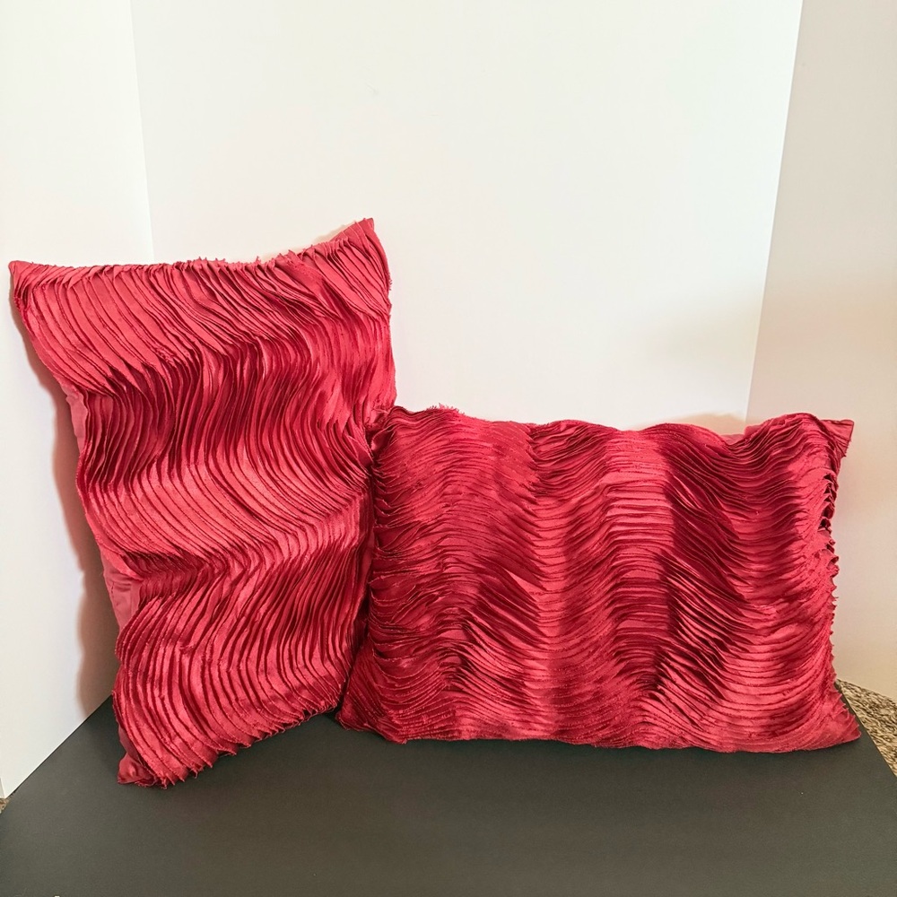 Set of 2 Pier 1 Red Satin Ruffled Wave Accent Throw Pillows – 14” x 19.5”